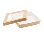 Scatola da asporto - con finestra trasparente - 18 x 18 x 5 cm - carta kraft/PE - avana - Leone - conf. 20 pezzi