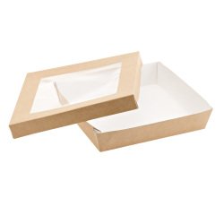 Scatola da asporto - con finestra trasparente - 18 x 18 x 5 cm - carta kraft/PE - avana - Leone - conf. 20 pezzi