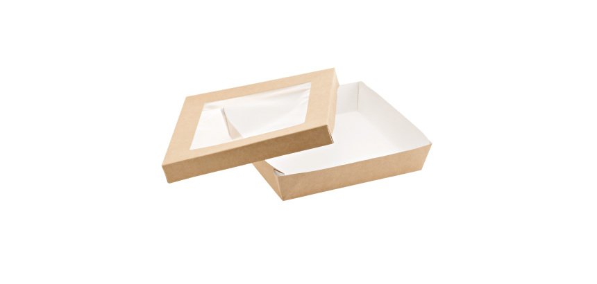 Scatola da asporto - con finestra trasparente - 18 x 18 x 5 cm - carta kraft/PE - avana - Leone - conf. 20 pezzi