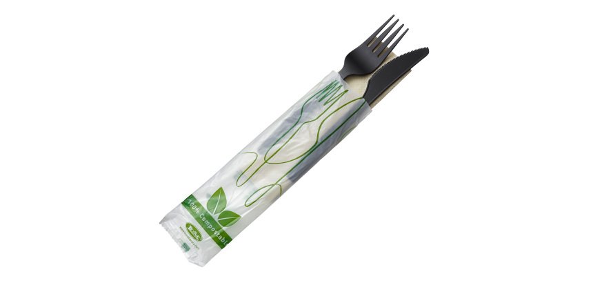 Bis coltello e forchetta - CPLA - con tovagliolo - nero - Leone - conf. 250 pezzi