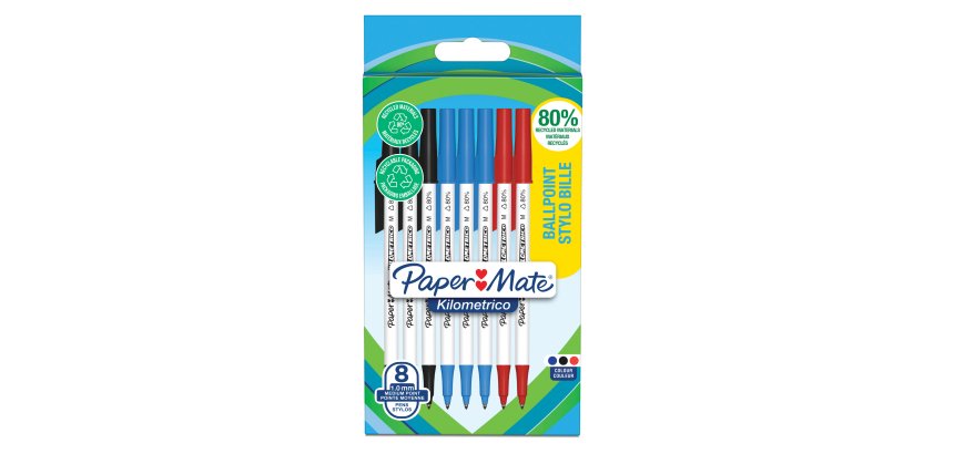 Penna sfera - cappuccio - Kilometrico Recycled - punta 1,0 mm - colori assortiti - Papermate - conf. 8 pezzi