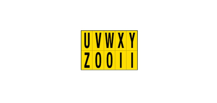 Lettere adesive da U a Z - in PVC - 56 x 99 mm - 10 et/fg - 1 foglio - nero/giallo