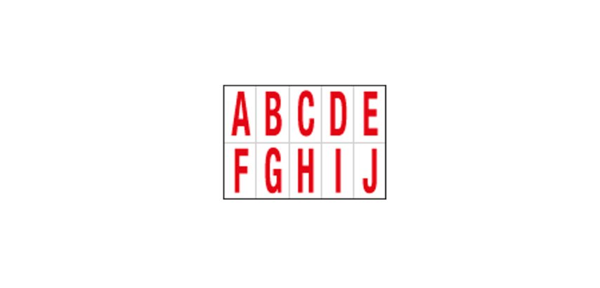 Lettere adesive da A a J - in PVC - 56 x 99 mm - 10 et/fg - 1 foglio - rosso/bianco