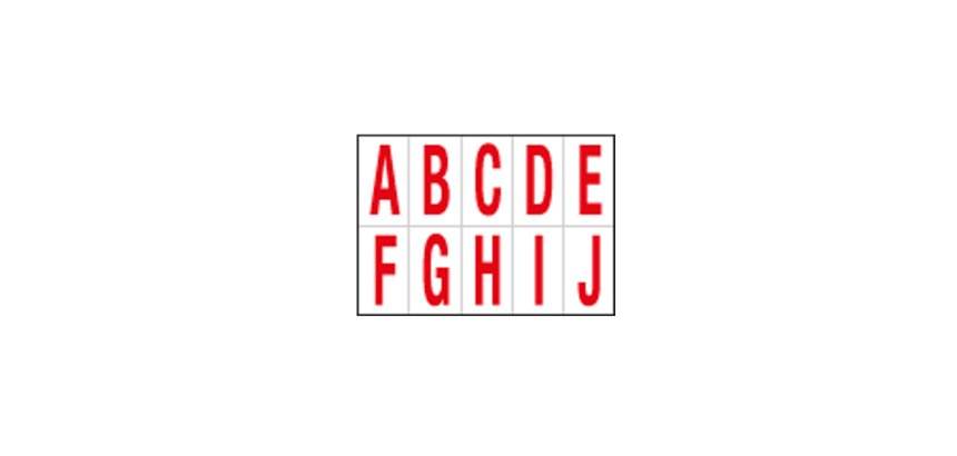 Lettere adesive da A a J - in PVC - 56 x 99 mm - 10 et/fg - 1 foglio - rosso/bianco