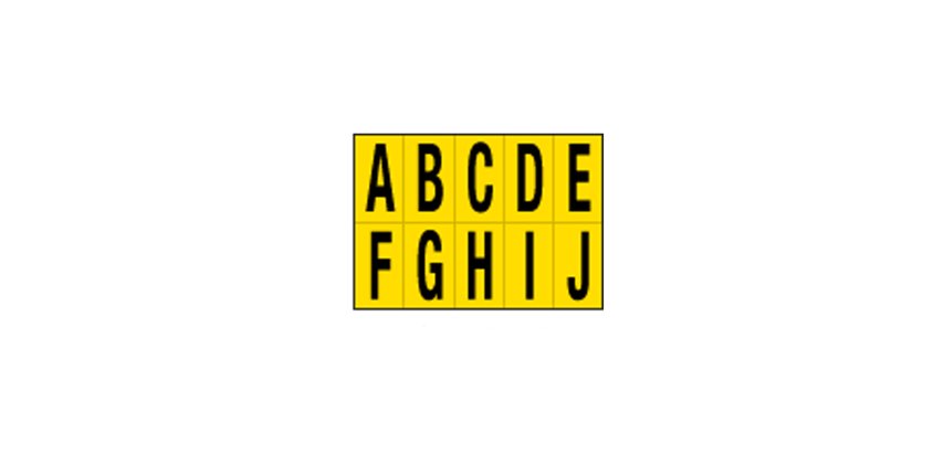 Lettere adesive da A a J - in PVC - 56 x 99 mm - 10 et/fg - 1 foglio - nero/giallo