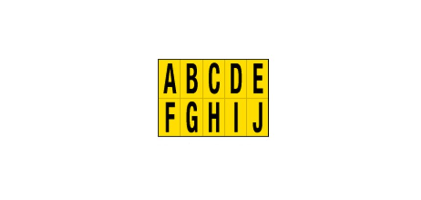 Lettere adesive da A a J - in PVC - 56 x 99 mm - 10 et/fg - 1 foglio - nero/giallo