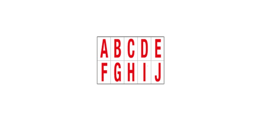 Lettere adesive da A a J - in PVC - 70 x 124 mm - 10 et/fg - 1 foglio - rosso/bianco