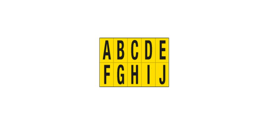Lettere adesive da A a J - in PVC - 70 x 124 mm - 10 et/fg - 1 foglio - nero/giallo