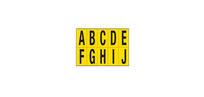 Lettere adesive da A a J - in PVC - 70 x 124 mm - 10 et/fg - 1 foglio - nero/giallo