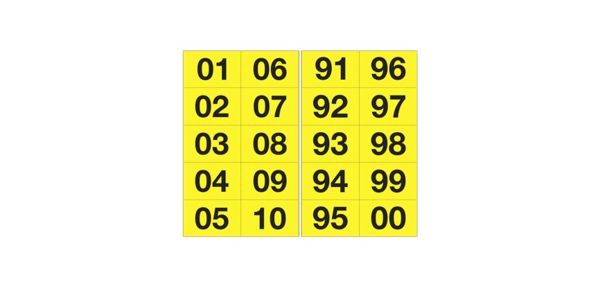 Numero adesivo da 01 a 99 - 44 x 34 mm - 10 et/fg - 10 fogli - nero/giallo