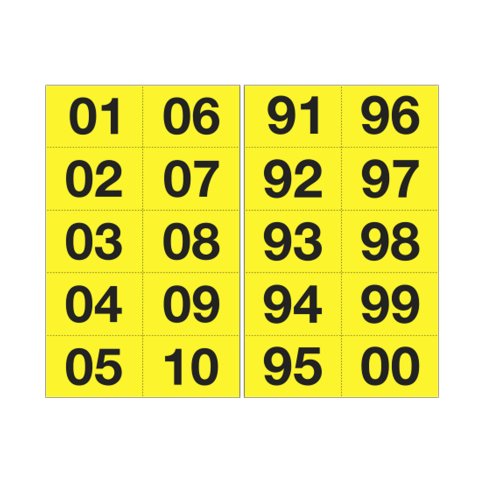 Numero adesivo da 01 a 99 - 44 x 34 mm - 10 et/fg - 10 fogli - nero/giallo
