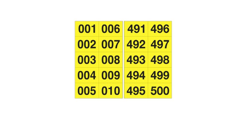 Numero adesivo da 001 a 500 - 45 x 24 mm - 10 et/fg - 50 fogli - nero/giallo