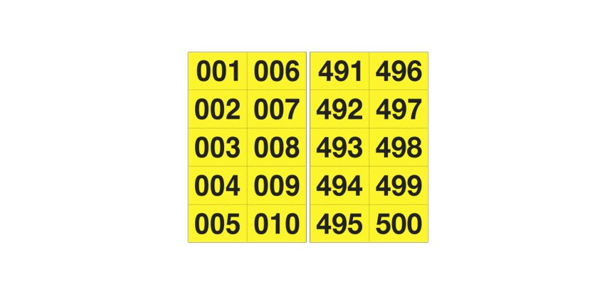 Numero adesivo da 001 a 500 - 45 x 24 mm - 10 et/fg - 50 fogli - nero/giallo