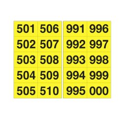 Numero adesivo da 501 a 999 - 45 x 24 mm - 10 et/fg - 50 fogli - nero/giallo