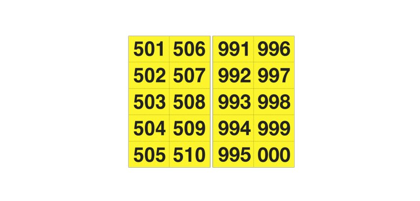 Numero adesivo da 501 a 999 - 45 x 24 mm - 10 et/fg - 50 fogli - nero/giallo