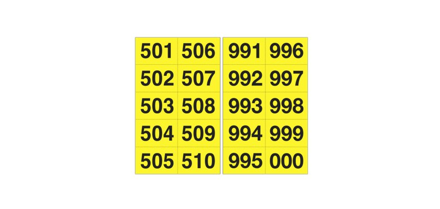 Numero adesivo da 501 a 999 - 45 x 24 mm - 10 et/fg - 50 fogli - nero/giallo