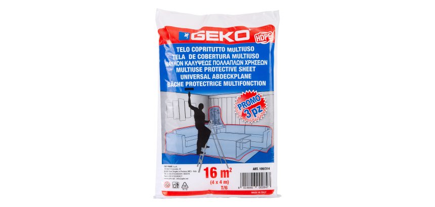 Telo coprituttto - 4 x 4 m - 16 mq - 230/240gr - HDPE - trasparente - Geko - conf. 3 pezzi