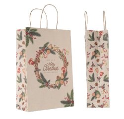 Shopper - maniglie cordino - 26 x 11 x 37 cm - carta kraft - natale ghirlanda verde - Mainetti Bags - conf. 25 pezzi