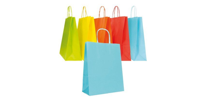 Shopper Twisted - maniglie cordino - 18 x 8 x 24 cm - carta biokraft - colori assortiti primavera/estate - Mainetti Bags - conf. 25 pezzi