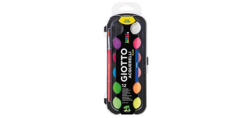 Pastiglia Acquerello - diametro 30mm - colori assortiti fluo - Giotto - astuccio da 12 pezzi