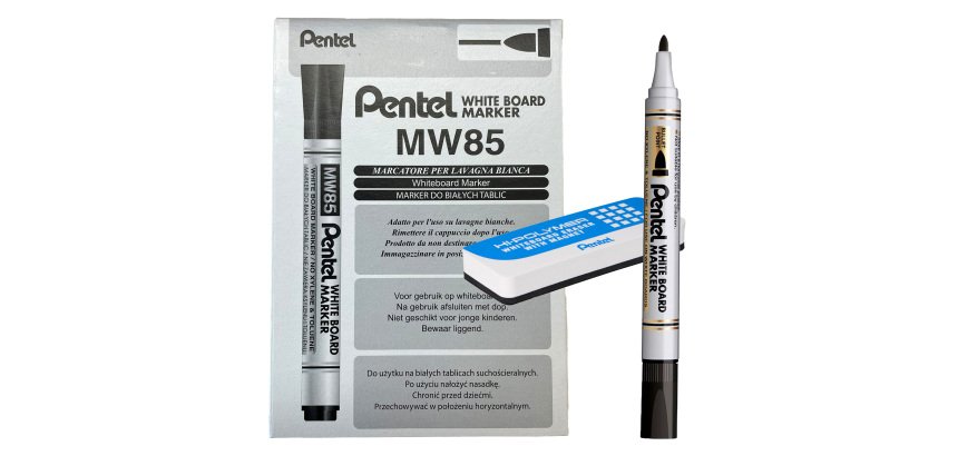 Marcatore white board MW85 - nero - Pentel - bundle 12 pezzi + cancellino magnetico
