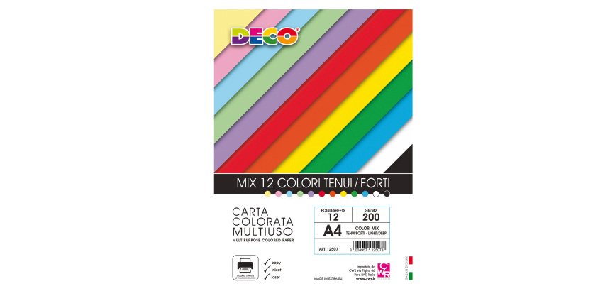 Risma carta - A4 - 200 gr - colori assortiti - 12 fogli - DECO