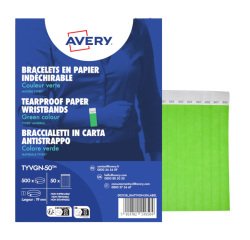 Braccialetti identificativi - in Tyvek - verde fluo - 265 x 19 mm - 50 fogli - 10 et/fg - Avery - Conf. 500 pezzi