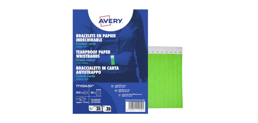 Braccialetti identificativi - in Tyvek - verde fluo - 265 x 19 mm - 50 fogli - 10 et/fg - Avery - Conf. 500 pezzi