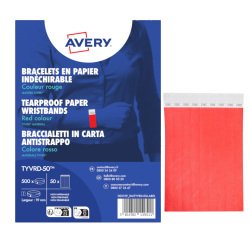 Braccialetti identificativi - in Tyvek - rosso fluo - 265 x 19 mm - 50 fogli - 10 et/fg - Avery - Conf. 500 pezzi