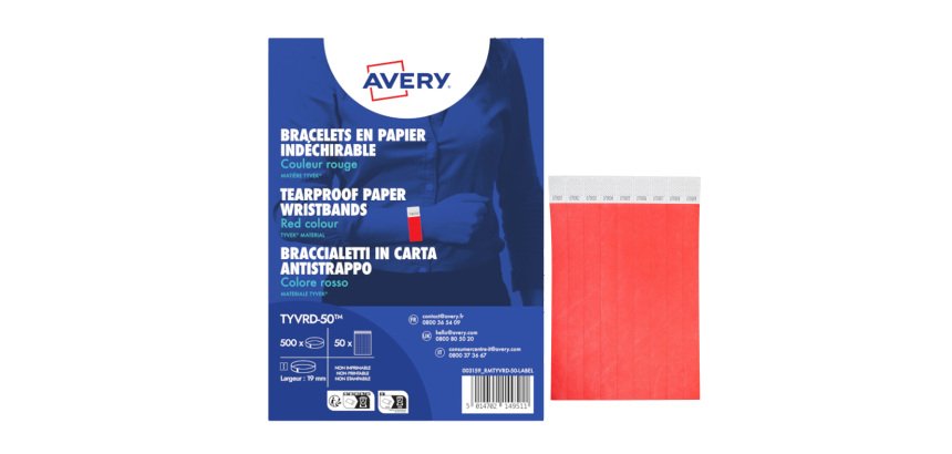 Braccialetti identificativi - in Tyvek - rosso fluo - 265 x 19 mm - 50 fogli - 10 et/fg - Avery - Conf. 500 pezzi