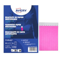 Braccialetti identificativi - in Tyvek - rosa fluo - 265 x 19 mm - 50 fogli - 10 et/fg - Avery - Conf. 500 pezzi