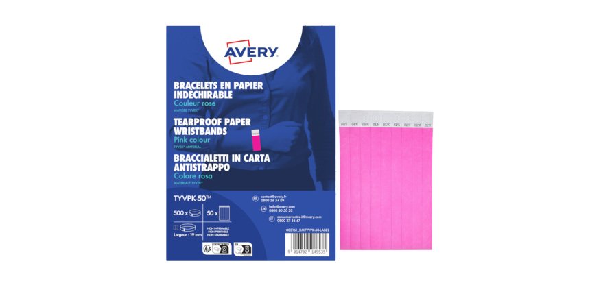 Braccialetti identificativi - in Tyvek - rosa fluo - 265 x 19 mm - 50 fogli - 10 et/fg - Avery - Conf. 500 pezzi