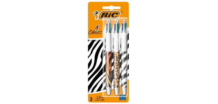 Penna sfera a scatto 4 Colori Animalier - 1.0 mm - Bic - conf. 3 pezzi
