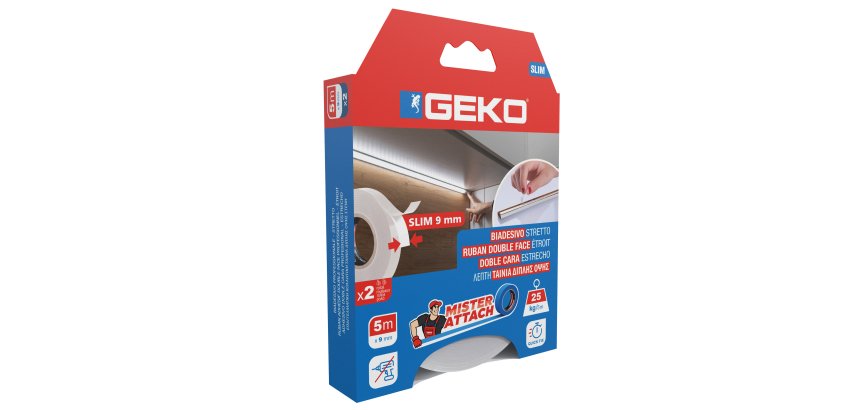 Nastro biadesivo SLIM Mister Attach - 9 mm x 5 m - PE/acrilico - bianco - Geko - conf. 2 pezzi