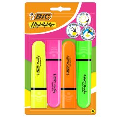 Evidenziatore Flat  - punta a scalpello - tratto da 1,2mm-4,6mm - colori assortiti fluo - Bic - astuccio 4 pezzi