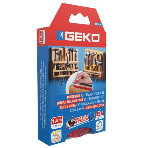 Nastro biadesivo EXTREME Mister Attach - 19 mm x 1,5 m - grigio/rosso - Geko