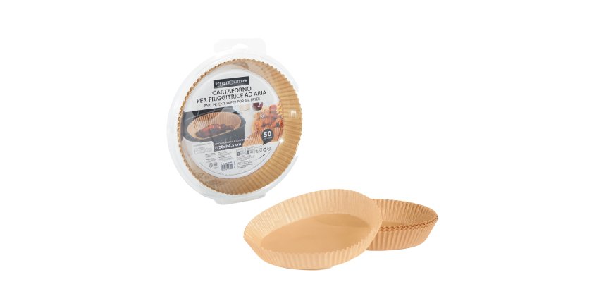 Vaschette cartaforno per friggitrice ad aria - in astuccio - diametro 20 cm - altezza 4,5 cm - avana - Perfetto Kitchen - conf. 50 p ezzi
