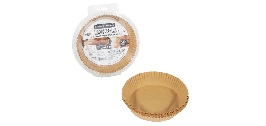 Vaschette cartaforno per friggitrice ad aria - in astuccio - diametro 16 cm - altezza 4,5 cm - avana - Perfetto Kitchen - conf. 50 p ezzi