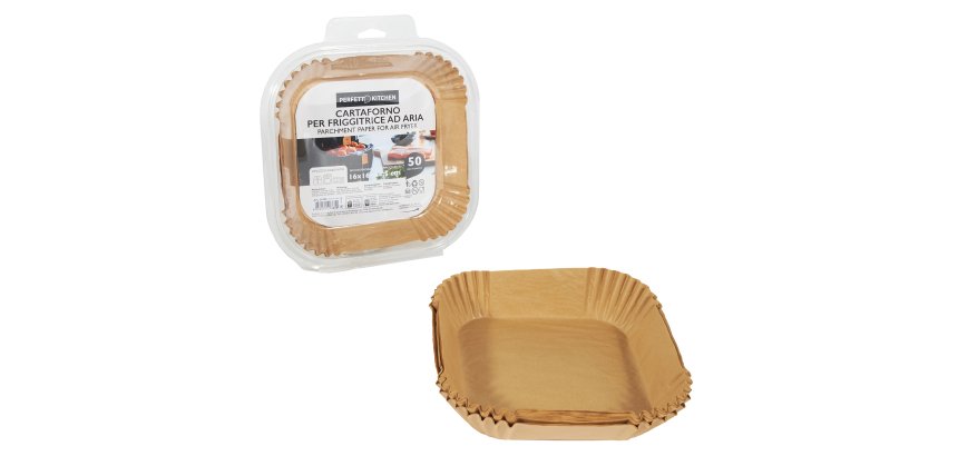 Vaschette cartaforno per friggitrice ad aria - in astuccio - 16 x 16 x 4,5 cm - avana - Perfetto Kitchen - conf. 50 pezzi