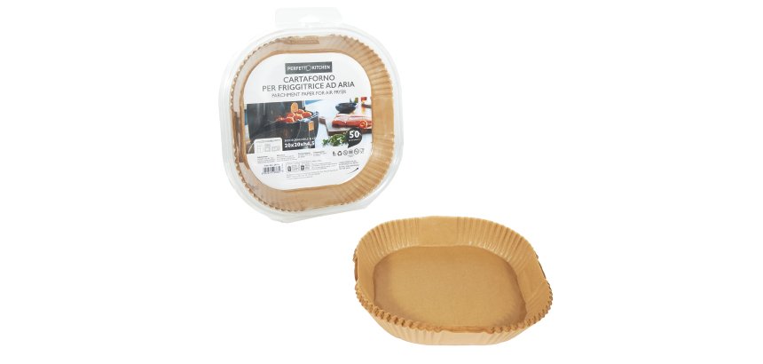 Vaschette cartaforno per friggitrice ad aria - in astuccio - 20 x 20 x 4,5 cm - avana - Perfetto Kitchen - conf. 50 pezzi
