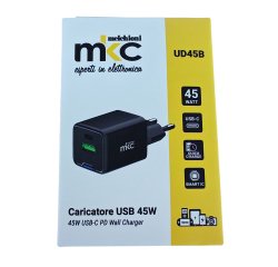 Caricatore USB -  45W -  1 USB-C + 1 USB-A - Nero - MKC Melchioni