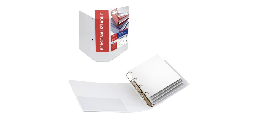 Raccoglitore personalizzabile Stelvio TI - 22 x 30 cm - 4 anelli a Q 65 mm - dorso 9 cm - bianco - Sei Rota