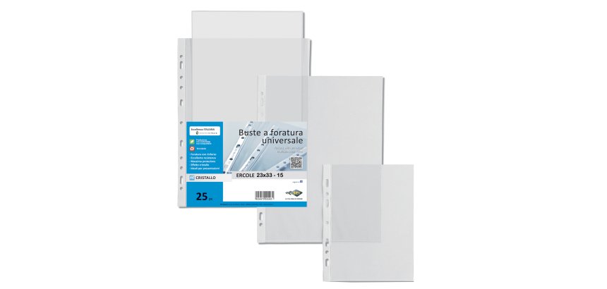 Buste forate Ercole - PVC liscio - 23 x 33 cm - trasparente - Sei Rota - conf. 25 pezzi