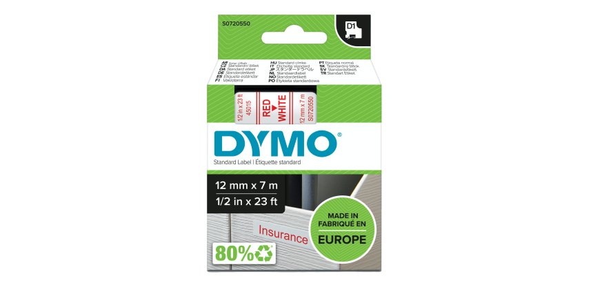 Nastro D1 standard 450150 - 12 mm x 7 mt - PL - rosso/bianco - Dymo