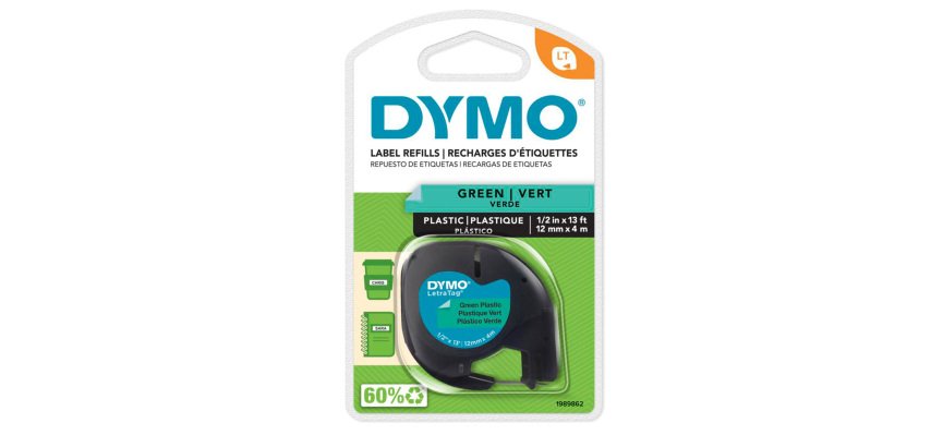 DYMO Branded LetraTag Plastic Labels | 12 mm x 4 m Roll | Black Print on Green Labels | MultipurposeSelf-Adhesive Labels for LetraTag Label Makers