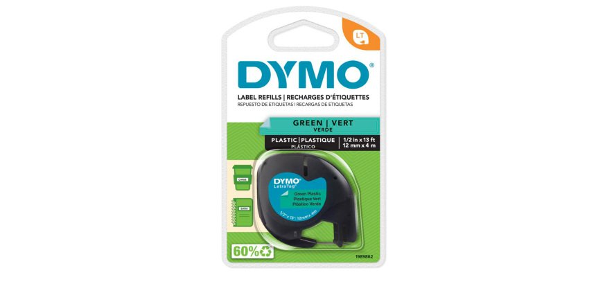 DYMO Branded LetraTag Plastic Labels | 12 mm x 4 m Roll | Black Print on Green Labels | MultipurposeSelf-Adhesive Labels for LetraTag Label Makers