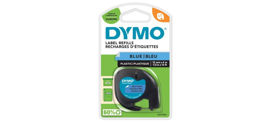 DYMO Branded LetraTag Plastic Labels | 12 mm x 4 m Roll | Black Print on Blue Labels | MultipurposeSelf-Adhesive Labels for LetraTag Label Makers