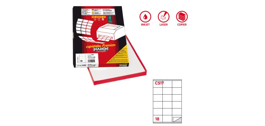 Etichette adesive C/517 - in carta - permanenti - 70 x 48 mm - 18 et/fg - 100 fogli - bianco - Markin