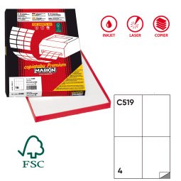 Etichette adesive C/519 - in carta - permanenti - 105 x 148,5 mm - 4 et/fg - 100 fogli - bianco - Markin