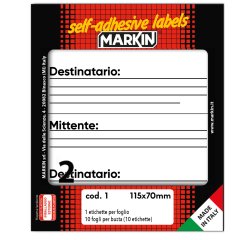 Etichette adesive mittente/destinatario - in carta - permanenti - 115 x 70 mm - 2 et/fg - 10 fogli - bianco - Markin